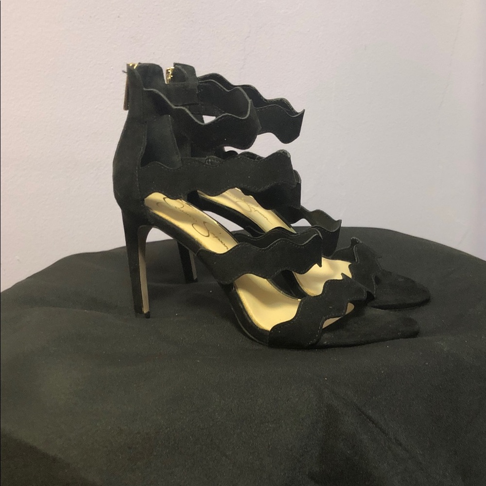 Jessica Simpson Black Scalloped Strap Stiletto Heels - Picture 2 of 5